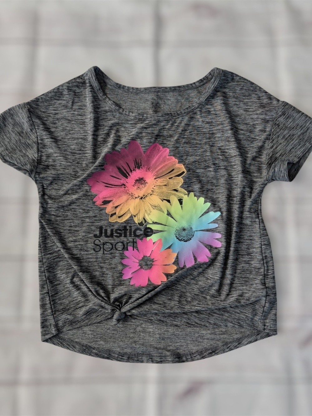 Justice Sport Girls Size M Active Shirt Top Multicolor floral gray Short sleeve